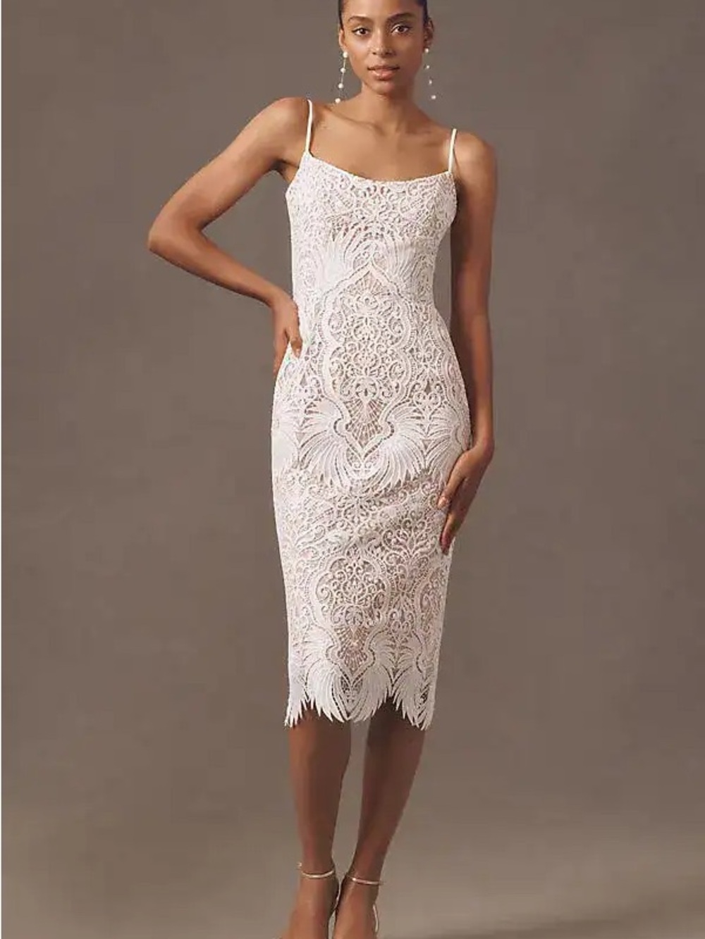 Helsi (Anthropologie BHLDN) White Lace Midi Dress with Spaghetti Straps